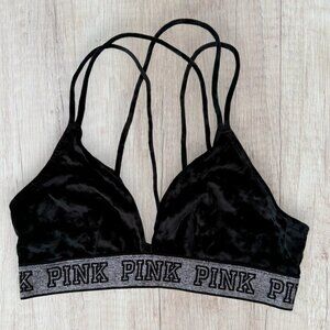 VICTORIAS SECRET PINK Black Stretch Velvet Silver Glitter Sparkle Bra Bralette M